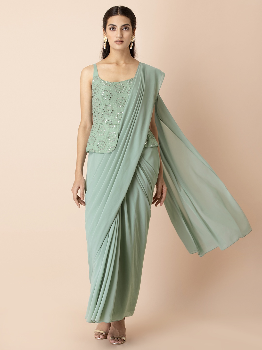 

INDYA X Shraddha Kapoor Green Mirror Embroidered Peplum Saree With Attached Blouse