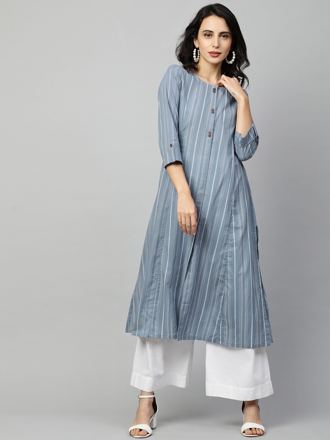 

FASHOR Women Blue Striped A-Line Kurta