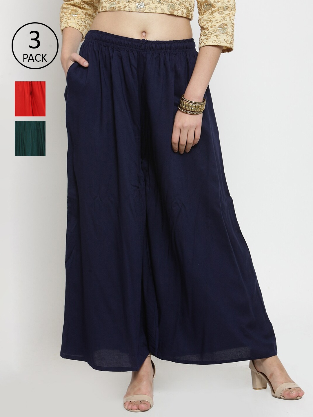 

Clora Creation Women Pack Of 3 Flared Knitted Ethnic Palazzos, Navy blue