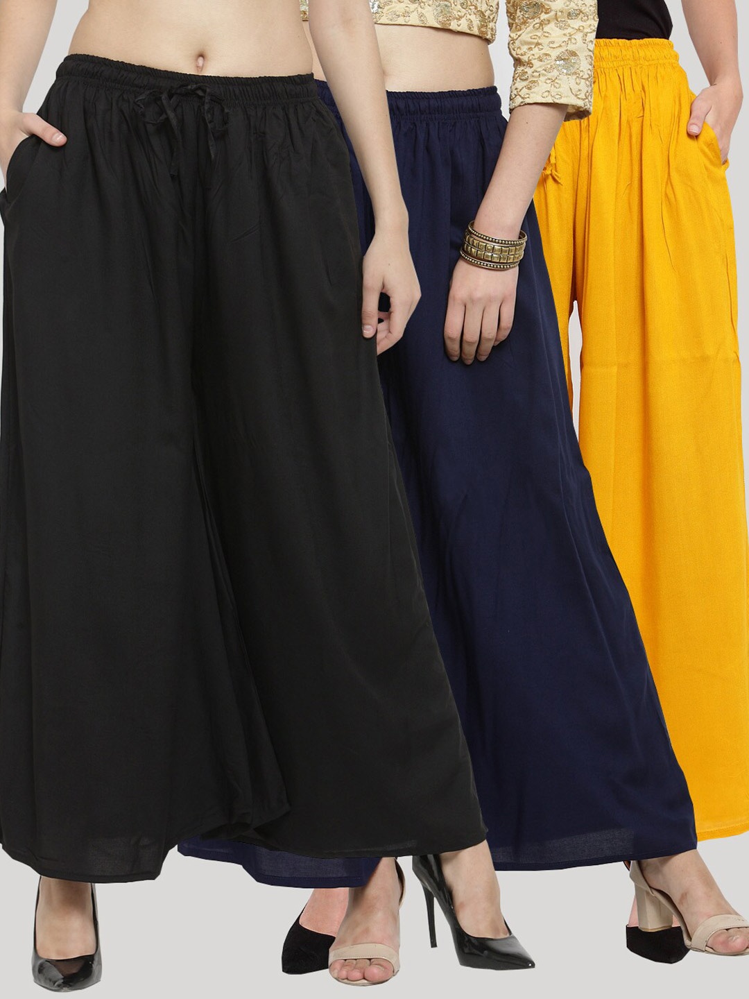 

Clora Creation Women Pack Of 3 Flared Knitted Ethnic Palazzos, Black