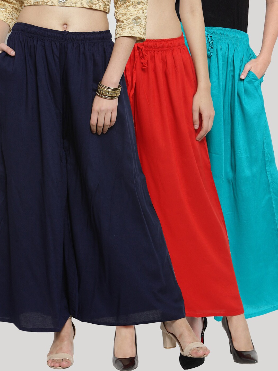 

Clora Creation Women Pack Of 3 Flared Knitted Ethnic Palazzos, Blue