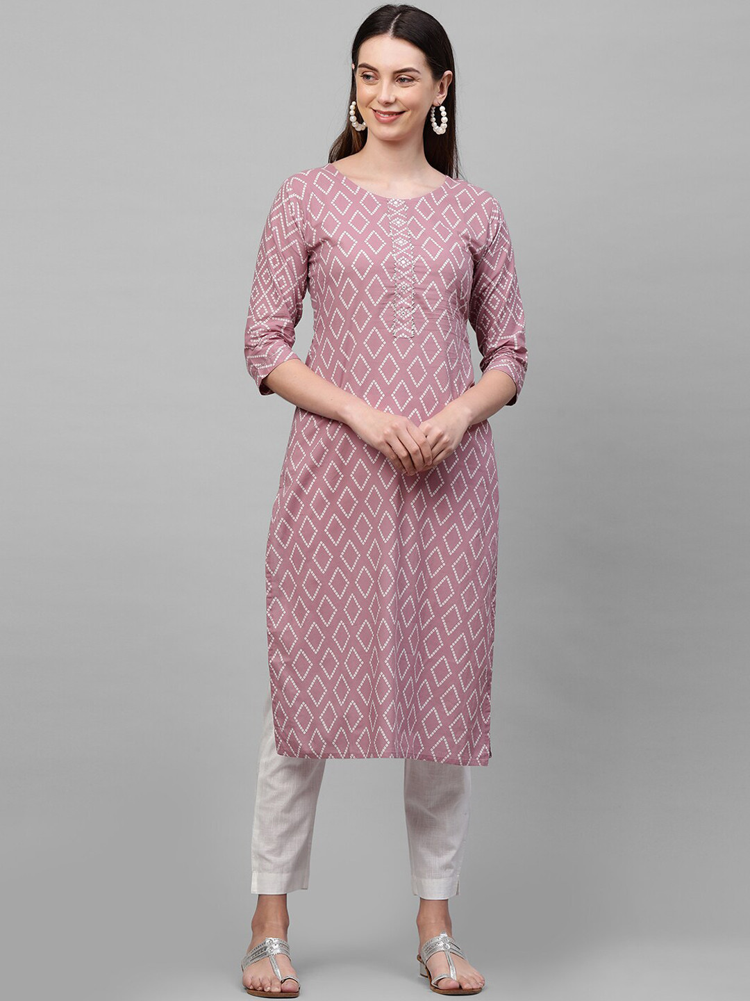 

FASHOR Women Pink Bandhani Printed Mirror Work Kurta
