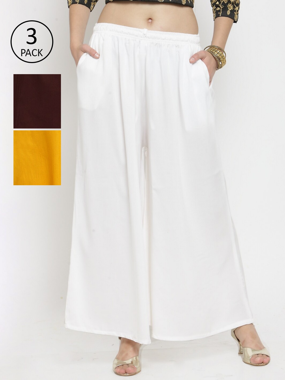 

Clora Creation Women Pack Of 3 Flared Knitted Ethnic Palazzos, Off white