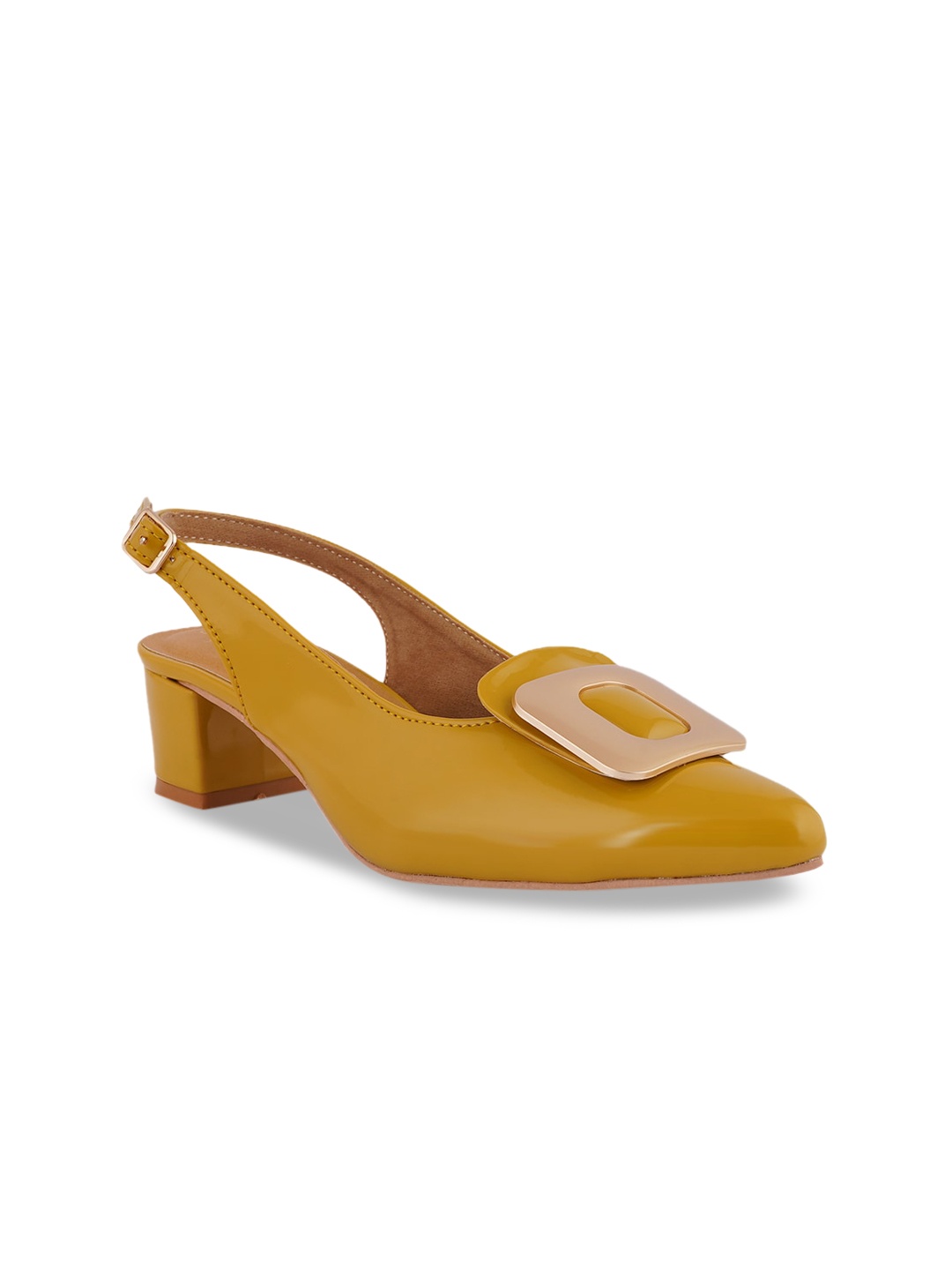 

SCENTRA Women Mustard Embellished Block Mules with Buckles