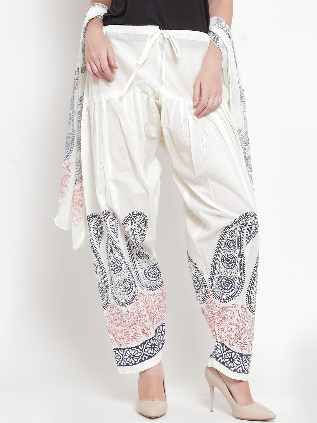 

Clora Creation Women Off White & Black Printed Pure Cotton Patiala With Dupatta