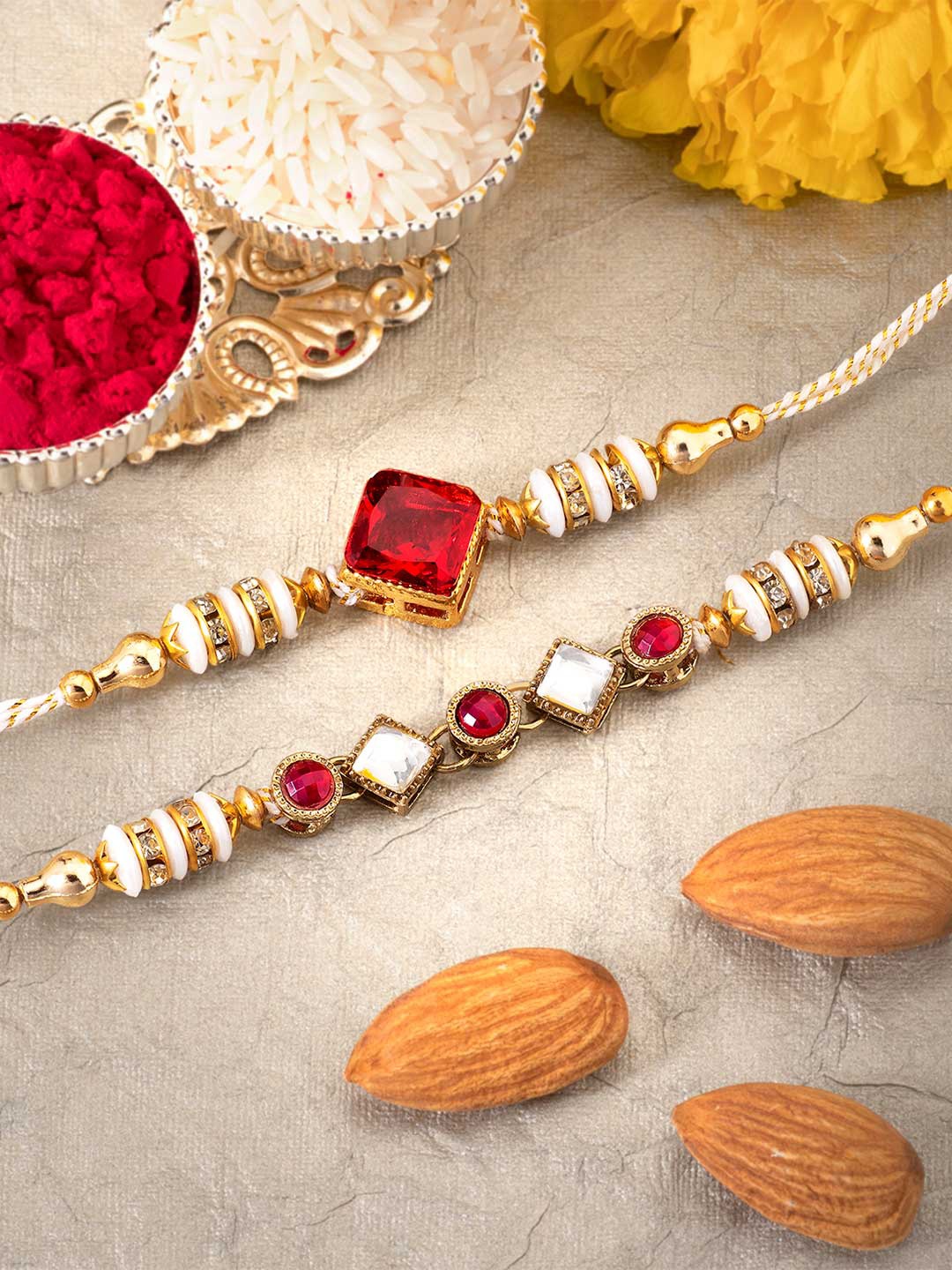 

Peora Men Set Of 2 Red & White Stones-Studded Rakhi With Greeting Card Packet Chawal & Roli Chawal