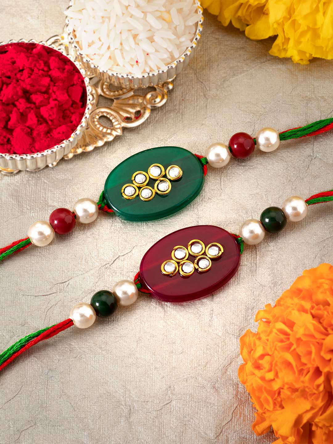 

Peora Men Set of 2 Marble Stone Rakhi with Greeting Card & Roli Chawal, Multi