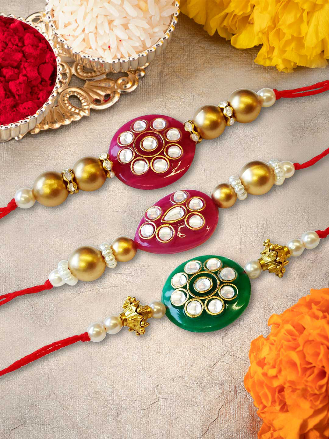 

Peora Set of 3 Gold-Toned Rakhi with Raksha Bandhan Greeting Card & Roli Chawal