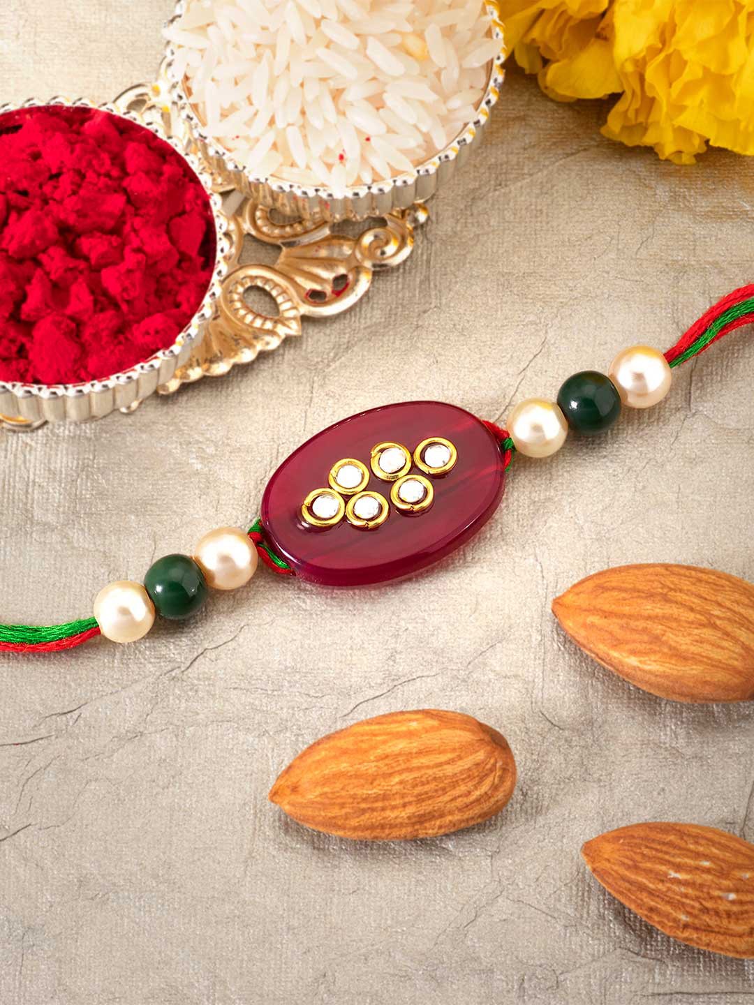 

Peora Men Red Kundan Studded Rakhi , Greeting Card & Roli Chawal