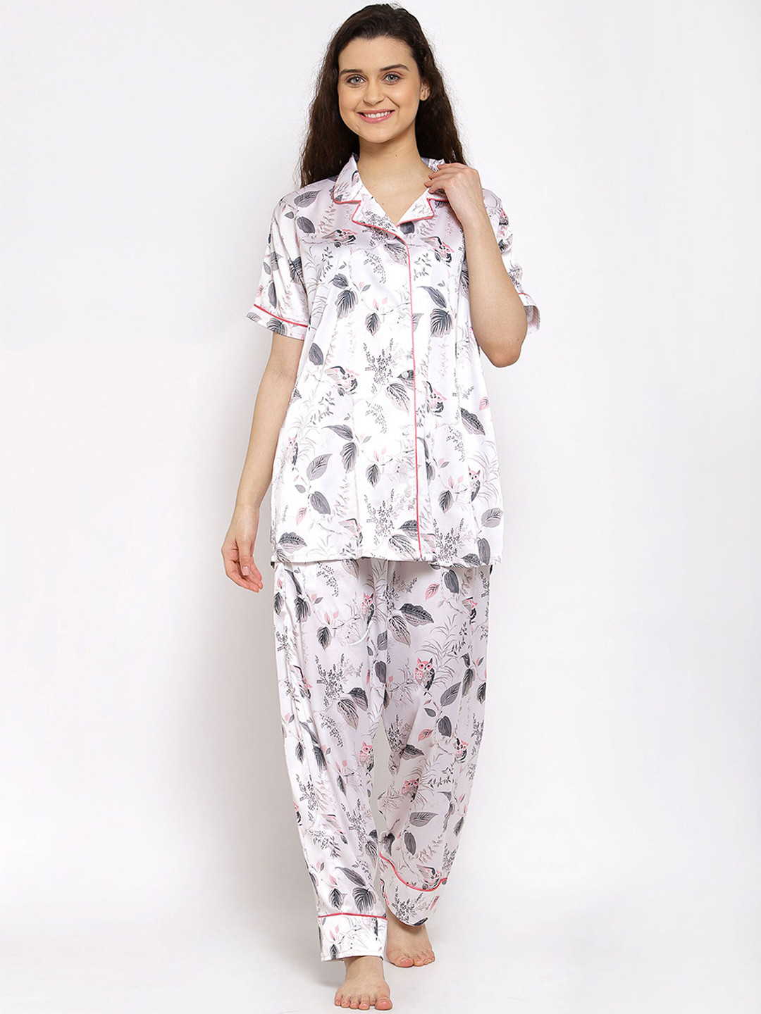 

Fasense Women White & Grey Printed Night Suit