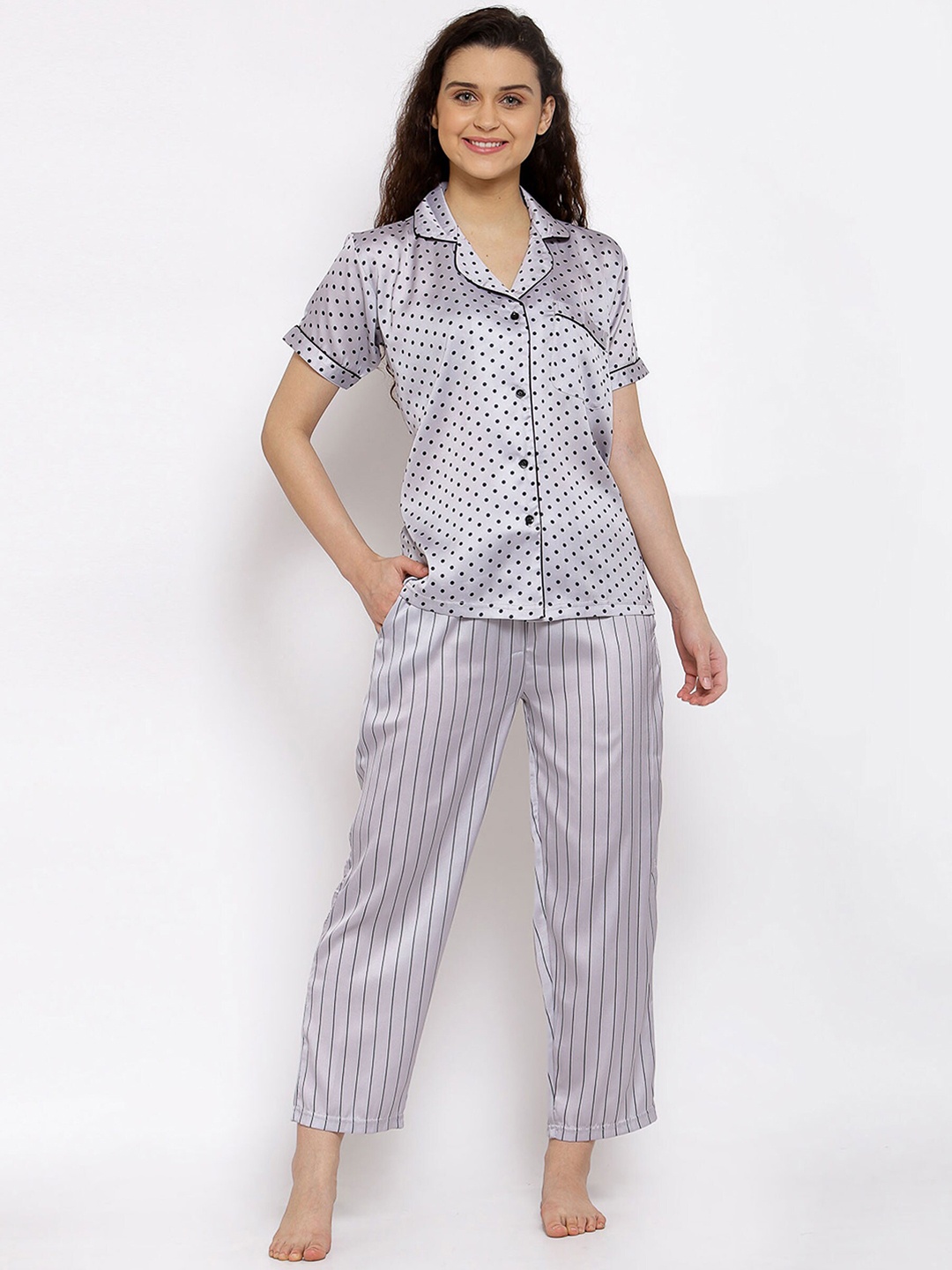 

Fasense Women Grey & Black Polka Dots Printed Satin Night Suit