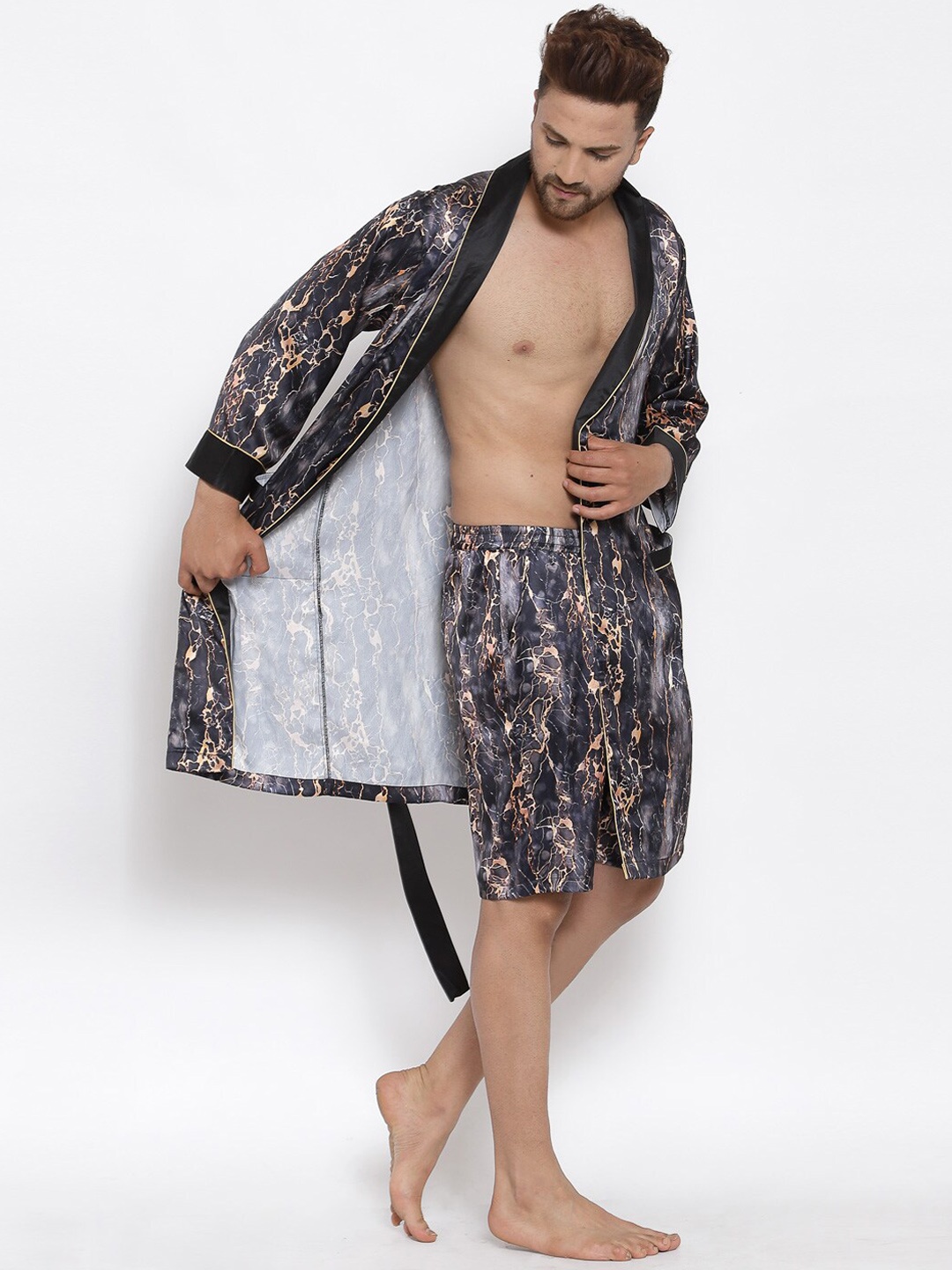 

DECOREALM Men Grey & Black Printed Robe with Shorts