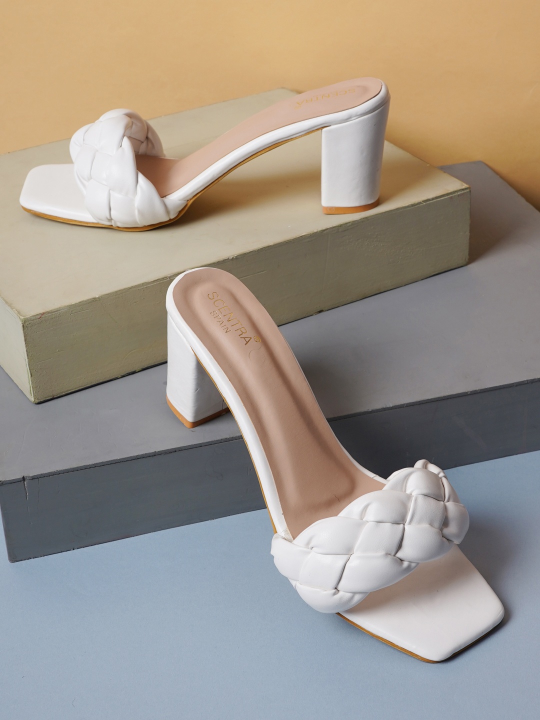 

SCENTRA Women White Block Braided Heels