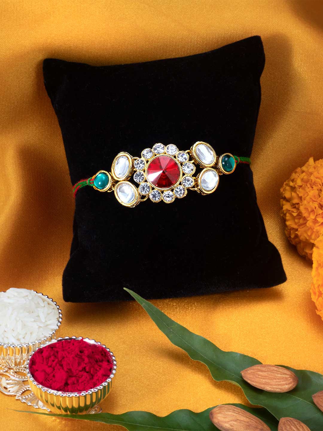 

Peora Men Kundan Rakhi with Greeting Card & Roli Chawal, Multi