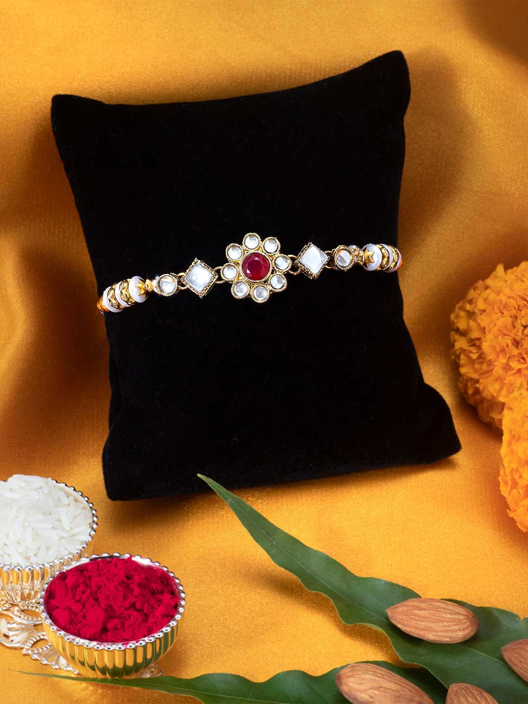 

Peora Men Red & White Kundan Studded Rakhi , Greeting Card & Roli Chawal