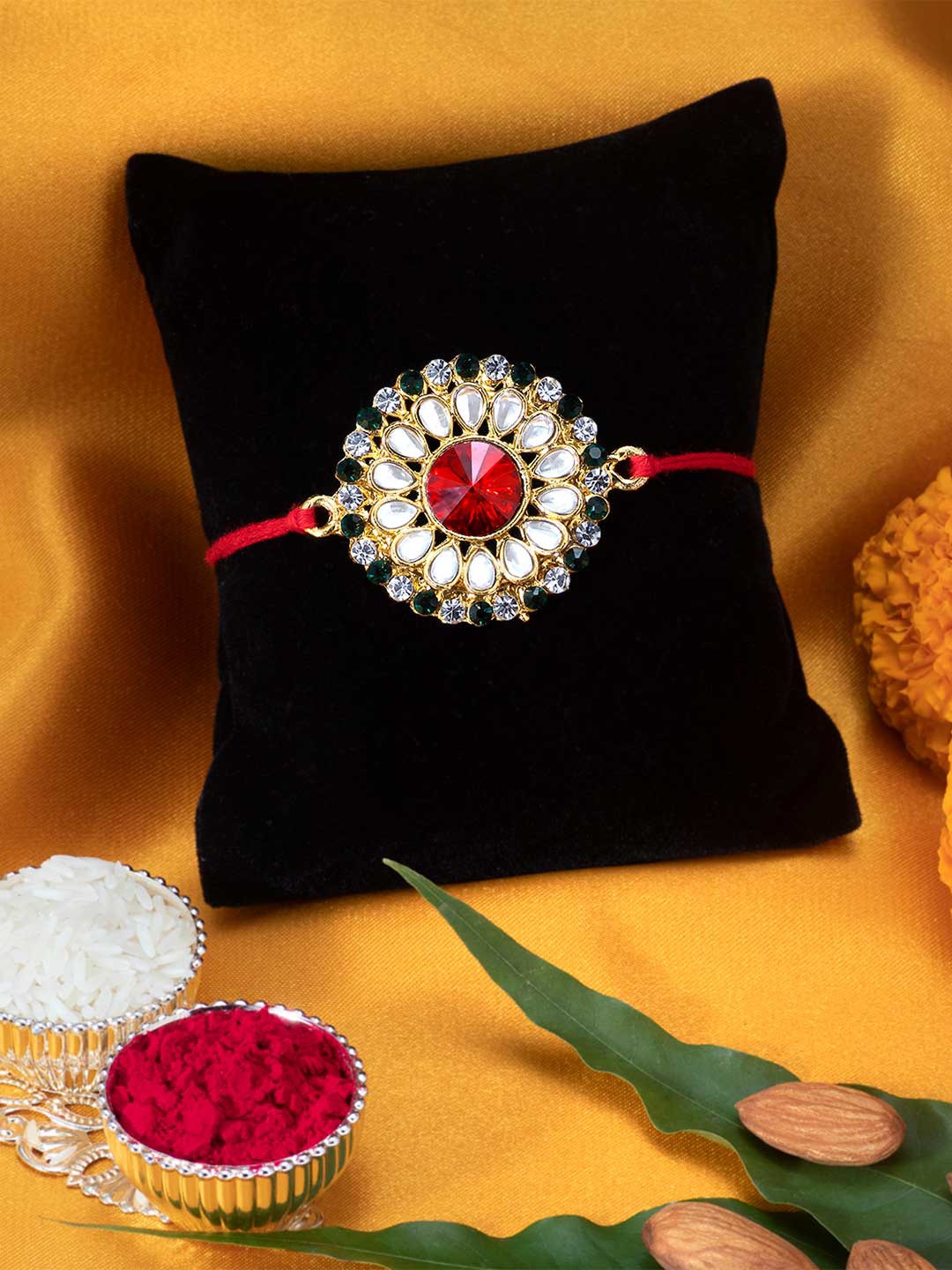 

Peora Men Kundan & Crystal Rakhi with Greeting Card & Roli Chawal, Red
