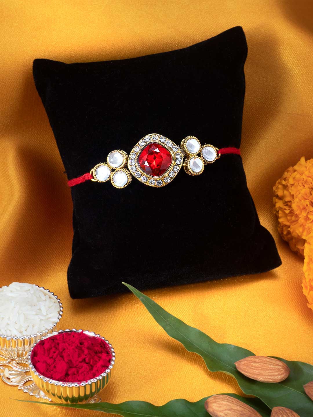 

Peora Gold-Toned Kundan & Crystal Rakhi with Raksha Bandhan Greeting Card & Roli Chawal