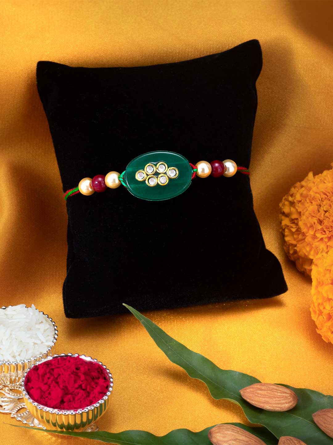 

Peora Men Green & Maroon Stone-Studded Beaded Embellished Rakhi Greeting Card & Roli Chawal
