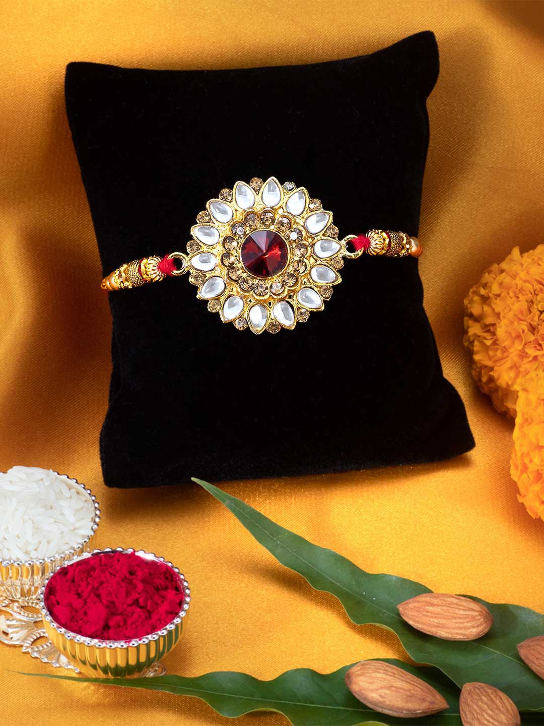 

Peora Men Kundan & Crystal Rakhi with Greeting Card & Roli Chawal, Red