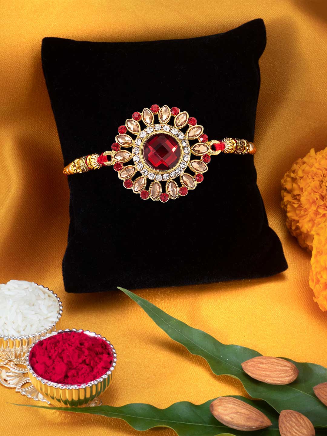 

Peora Men Kundan & Crystal Rakhi with Greeting Card & Roli Chawal, Red