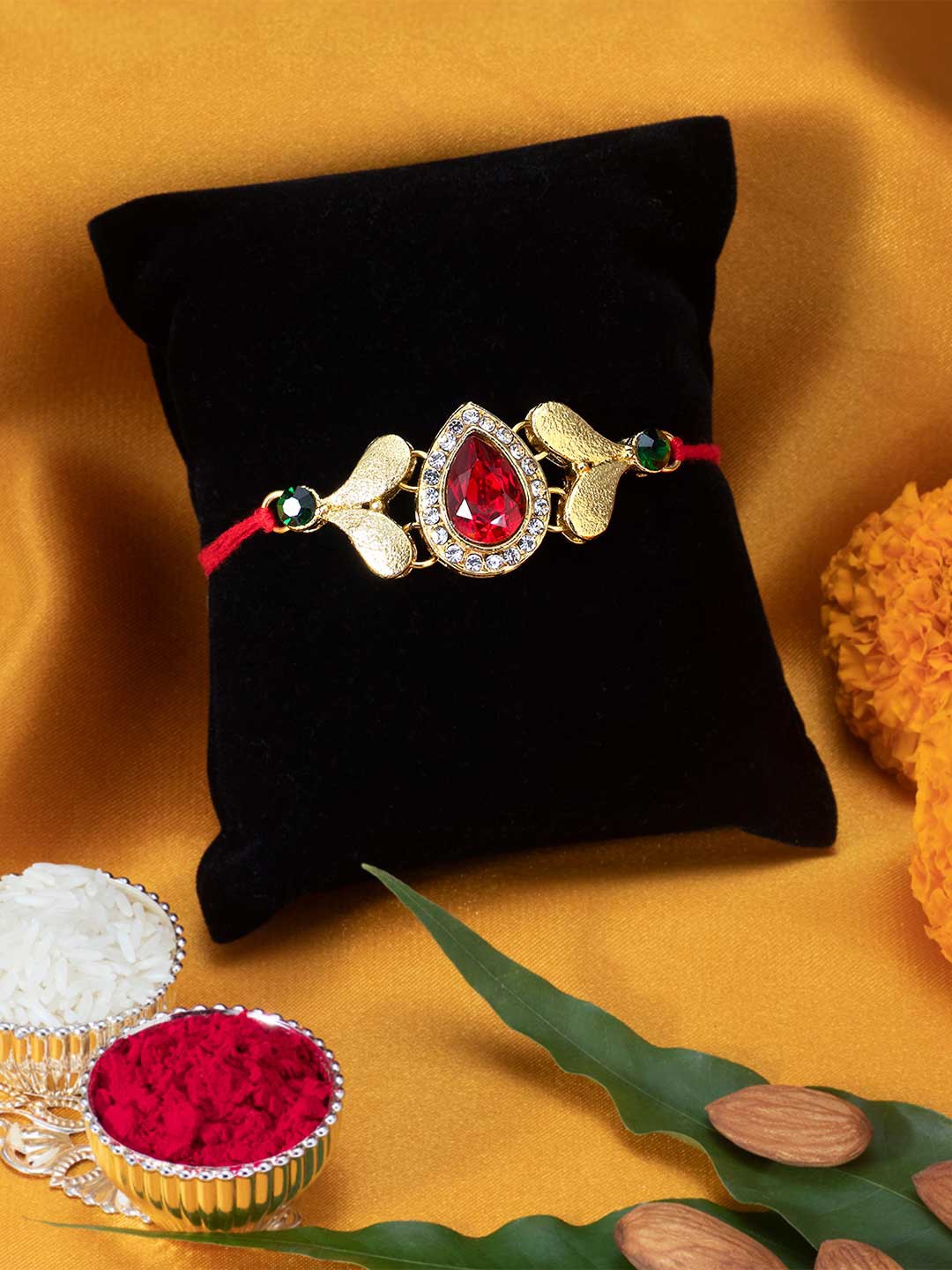 

Peora Men Red Royal Crystal Studded Rakhi , Greeting Card & Roli Chawal, Multi