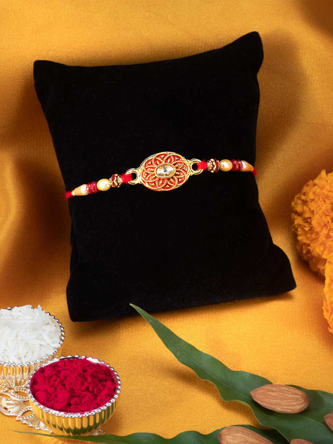 

Peora Red Pearl Meenakari Rakhi With Greeting Card & Roli Chawal