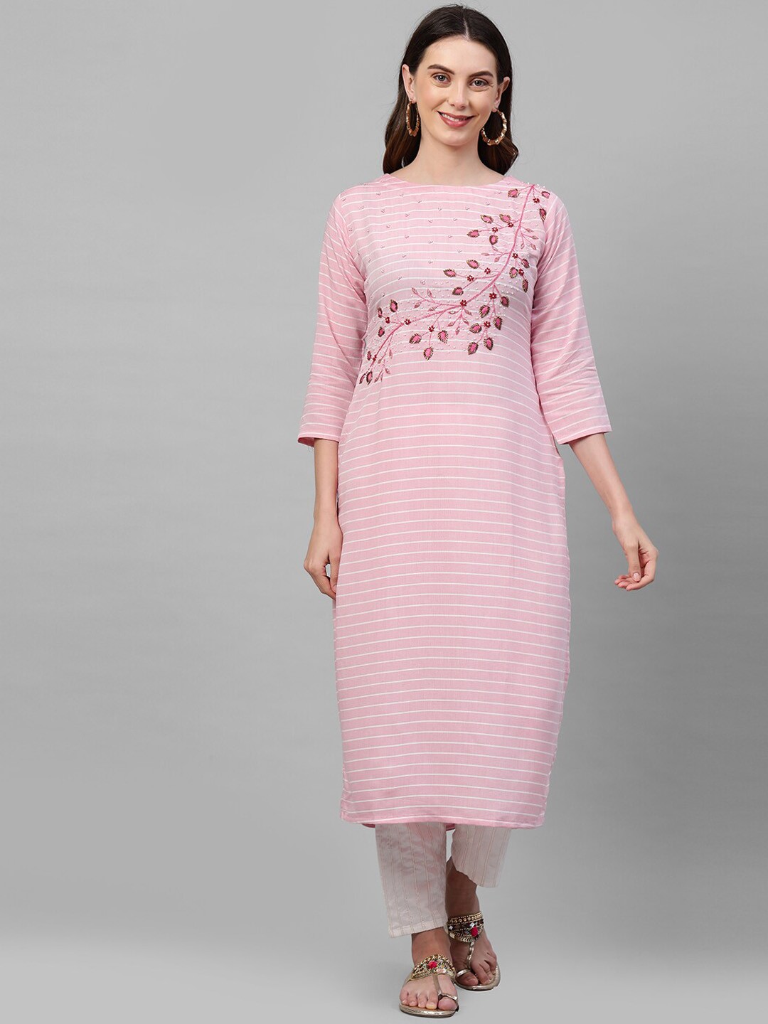 

FASHOR Women Pink Striped Pastels Kurta