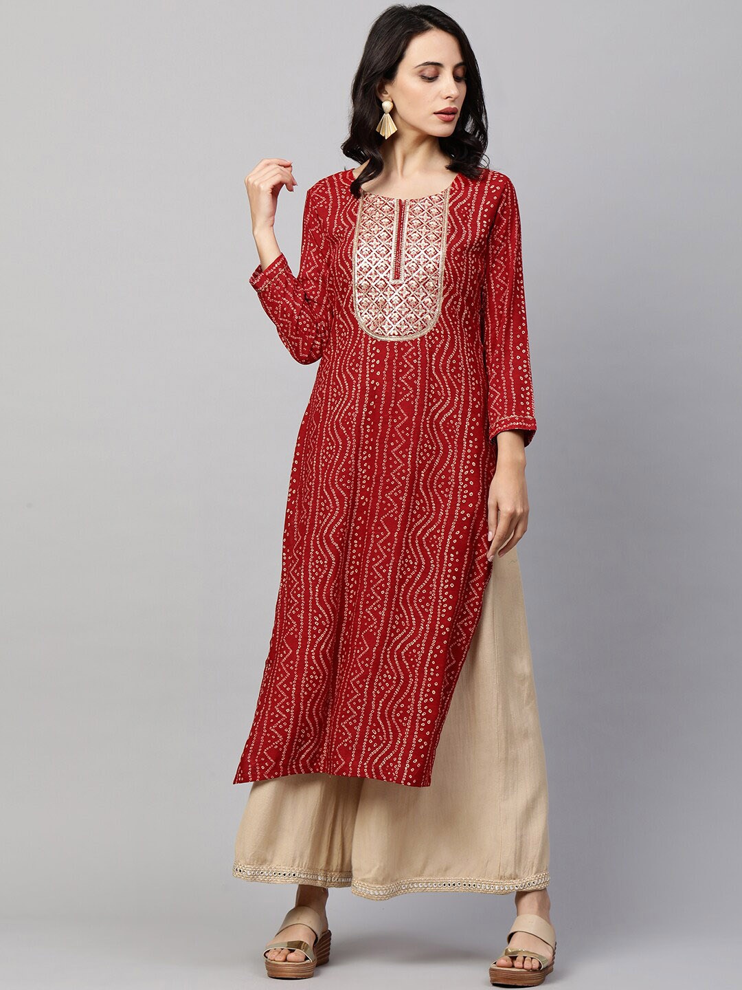 

FASHOR Women Red Bandhani Printed Kurta