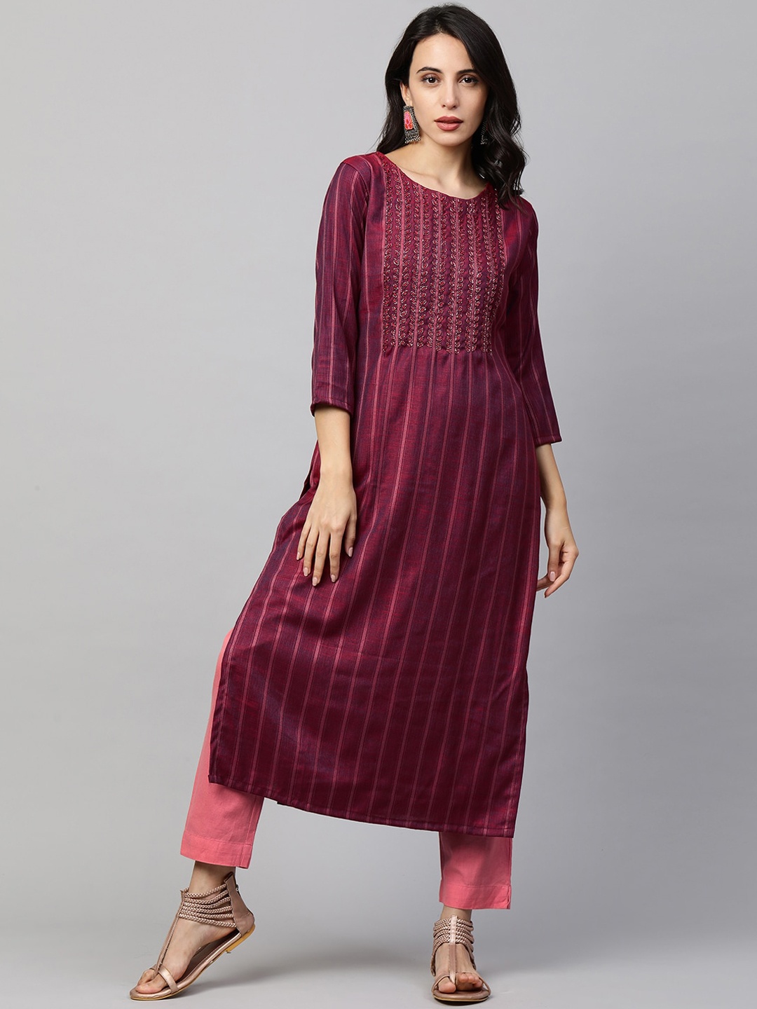 

FASHOR Women Burgundy Striped Kurta