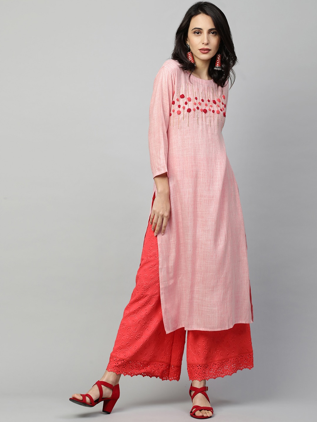 

FASHOR Women Pink Quirky Embroidered Flared Sleeves Thread Work Kurta