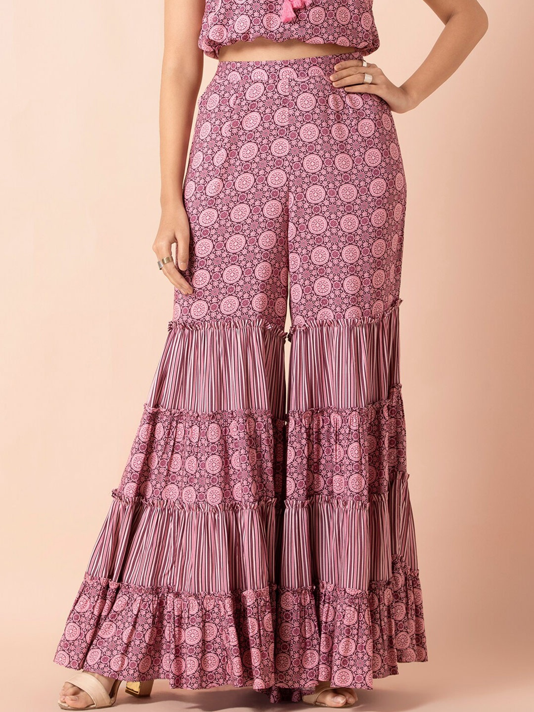 

INDYA Women Pink Ethnic Motifs Printed Tiered Sharara Pants
