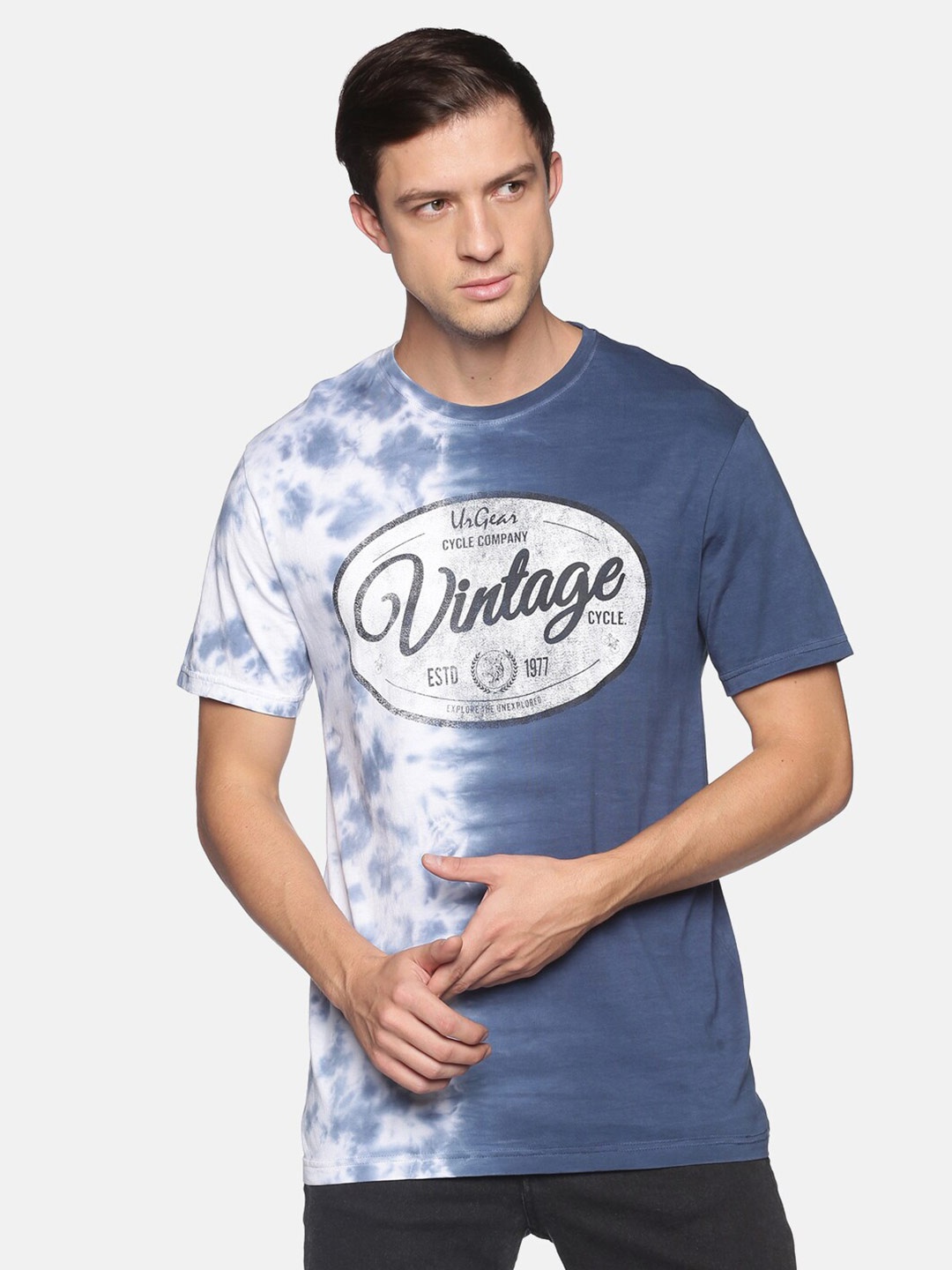 

UrGear Men Blue Tie & Dye & Typography Printed Round Neck T-shirt