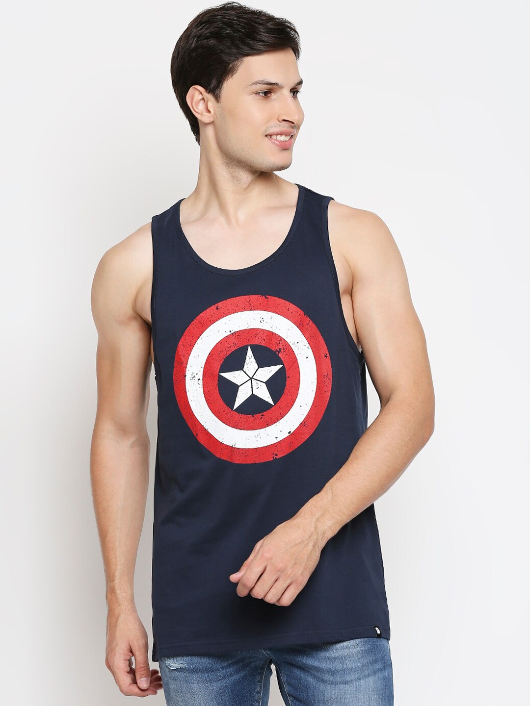 

The Souled Store Men Navy Blue & Red Captain America Logo Printed Pure Cotton Tank Innerwear Vest