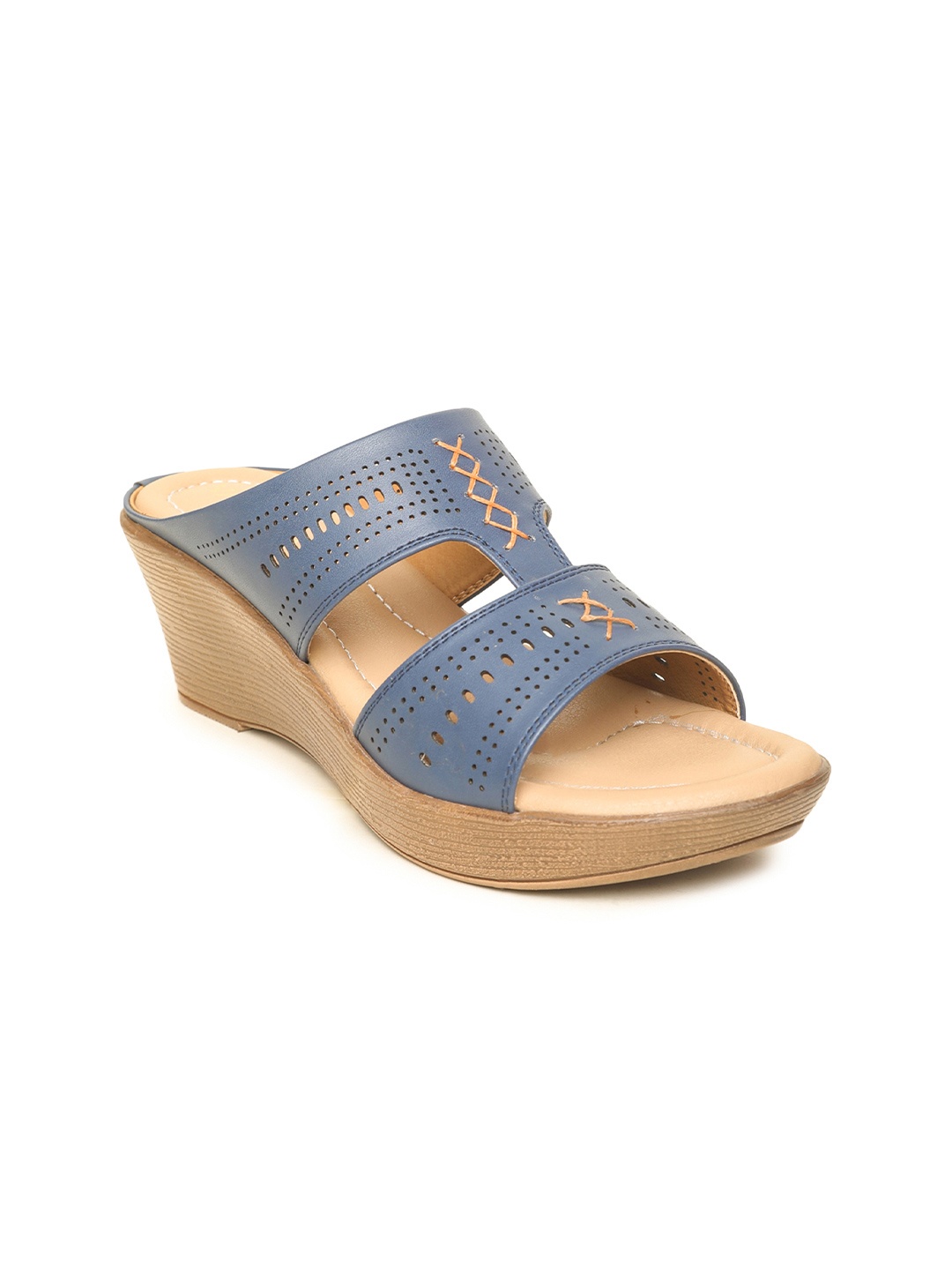 

VALIOSAA Navy Blue Wedge Sandals with Laser Cuts