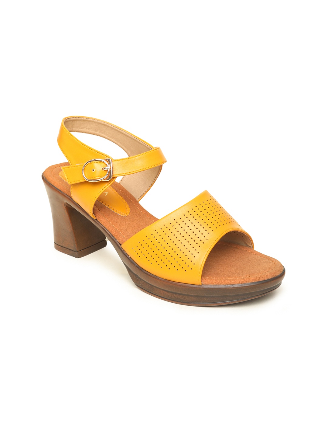 

VALIOSAA Mustard Yellow Block Heels with Laser Cuts