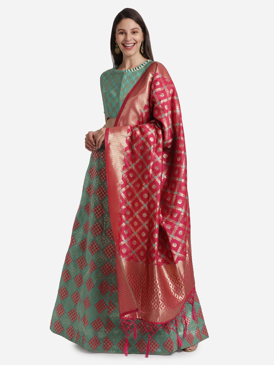 

Mitera Sea Green & Red Unstitched Lehenga & Blouse With Dupatta