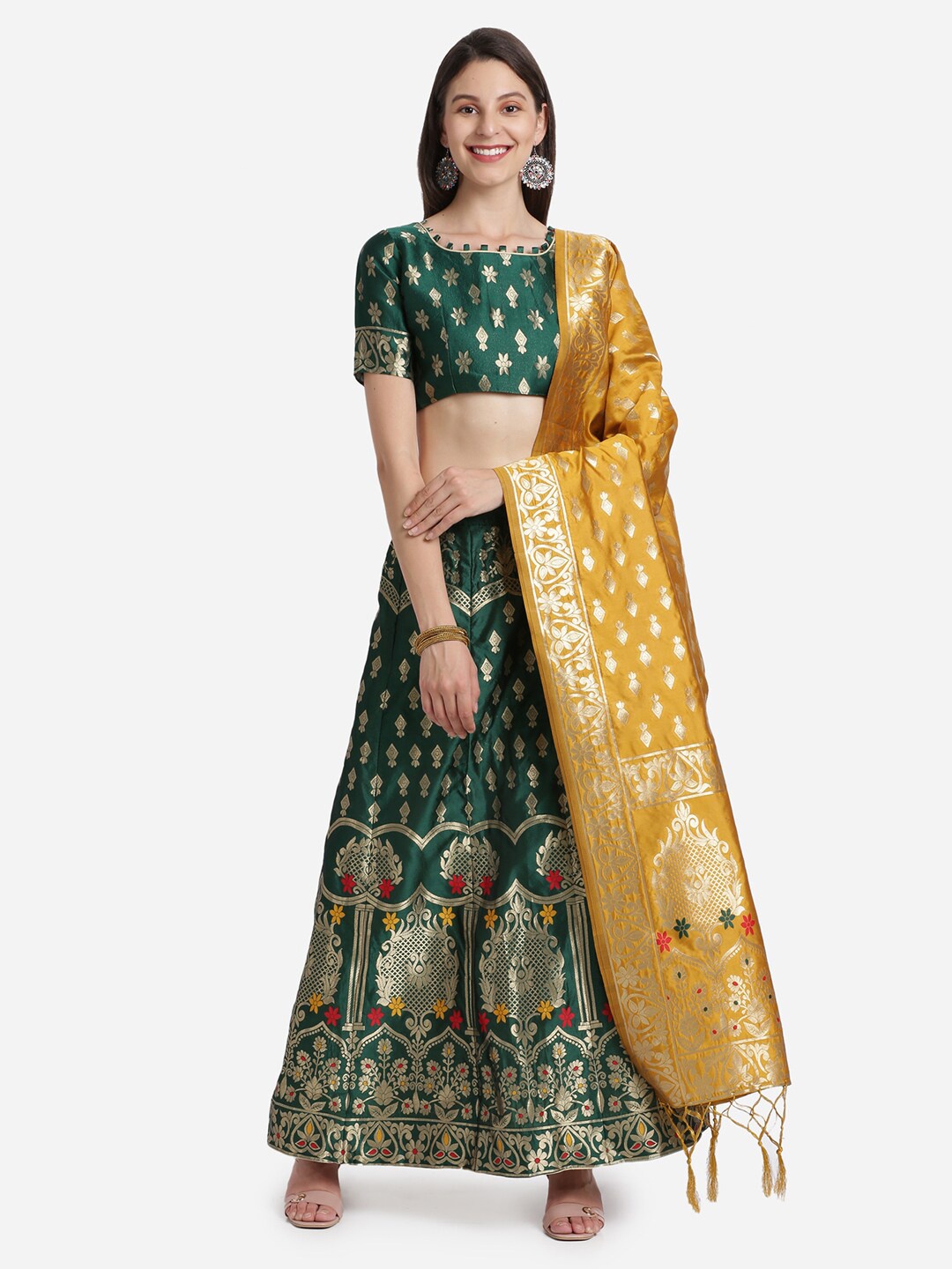 

Mitera Green & Mustard Yellow Unstitched Lehenga & Blouse With Dupatta