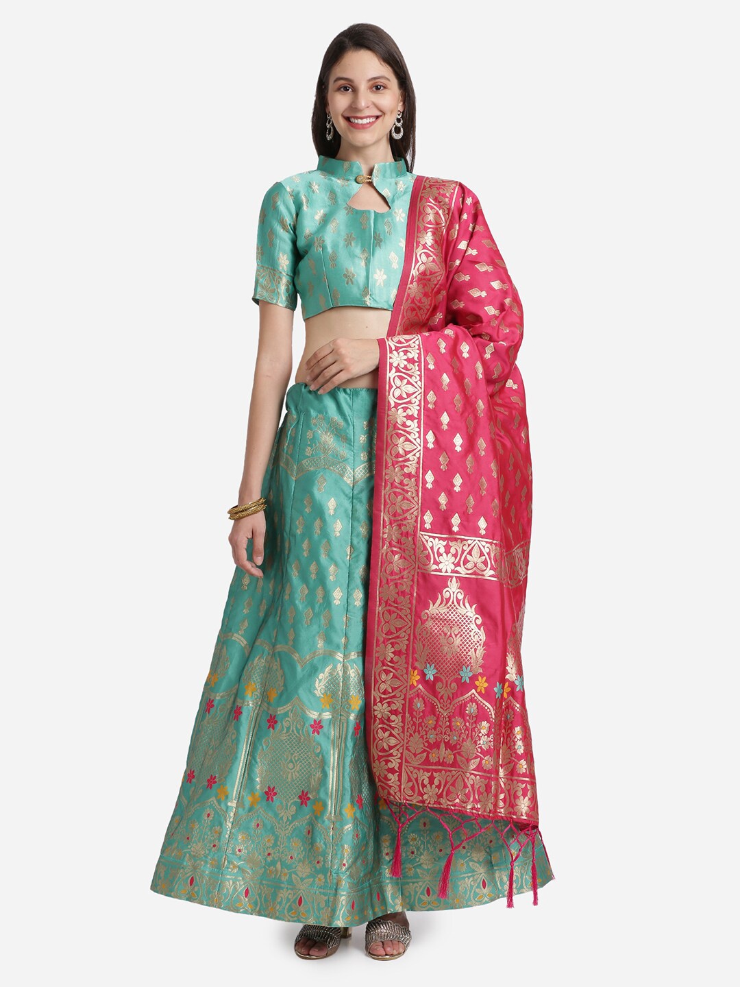 

Mitera Teal & Pink Unstitched Lehenga & Blouse With Dupatta