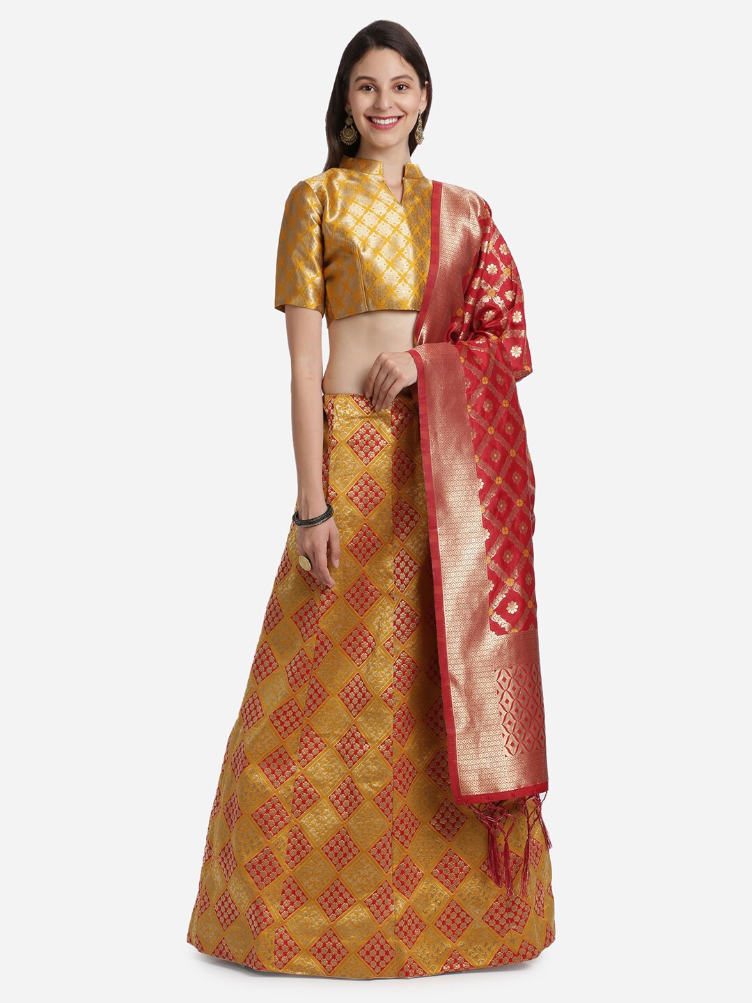 

Mitera Mustard Yellow & Red Unstitched Lehenga & Blouse With Dupatta