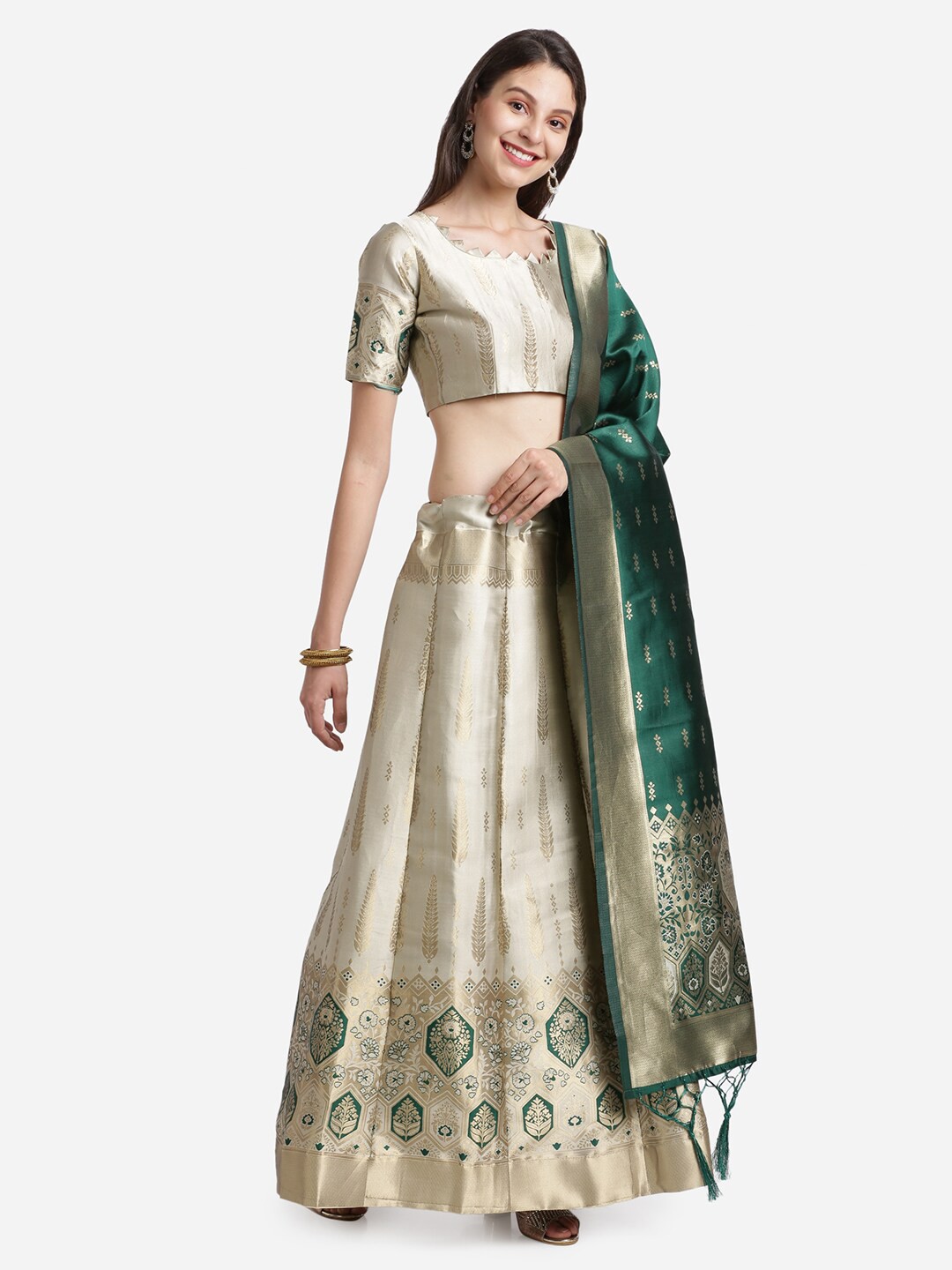 

Mitera Silver-Toned & Green Thread Work Unstitched Lehenga & Blouse With Dupatta