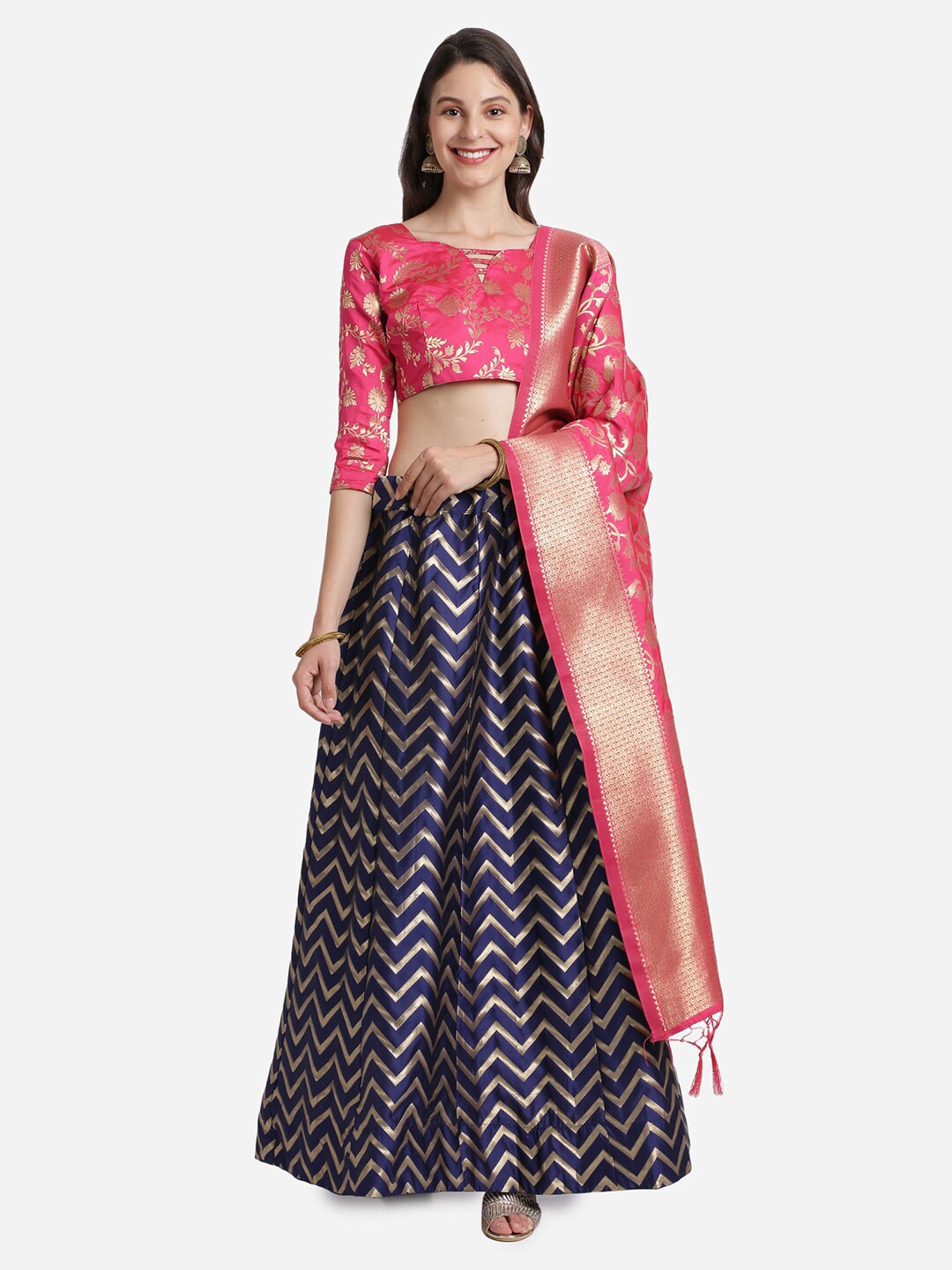

Mitera Navy Blue & Pink Unstitched Lehenga & Blouse With Dupatta