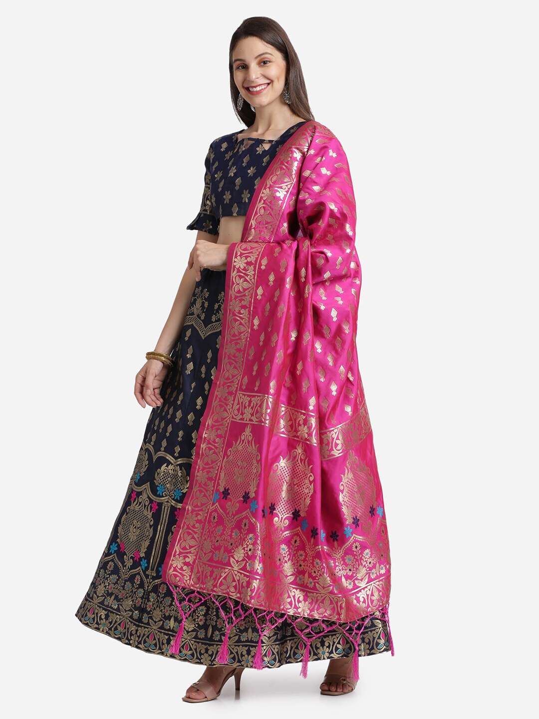 

Mitera Navy Blue & Pink Semi-Stitched Lehenga & Unstitched Blouse With Dupatta