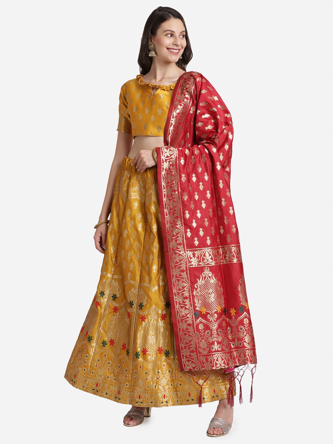

Mitera Mustard & Red Semi-Stitched Lehenga & Unstitched Blouse With Dupatta