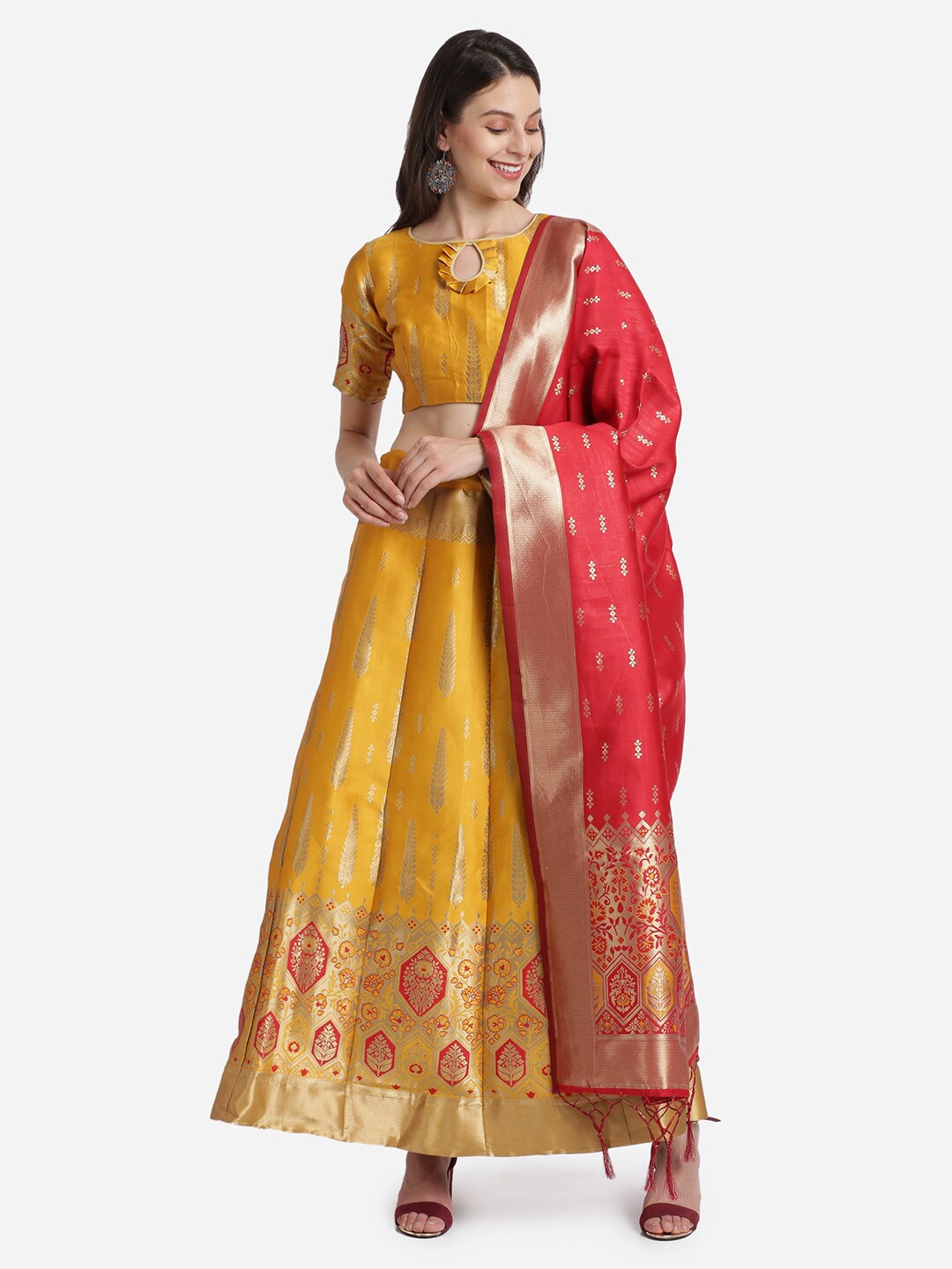 

Mitera Mustard Yellow & Red Unstitched Lehenga & Blouse With Dupatta