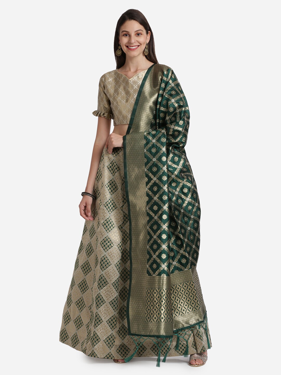 

Mitera Green & Cream-Coloured Unstitched Lehenga & Blouse With Dupatta