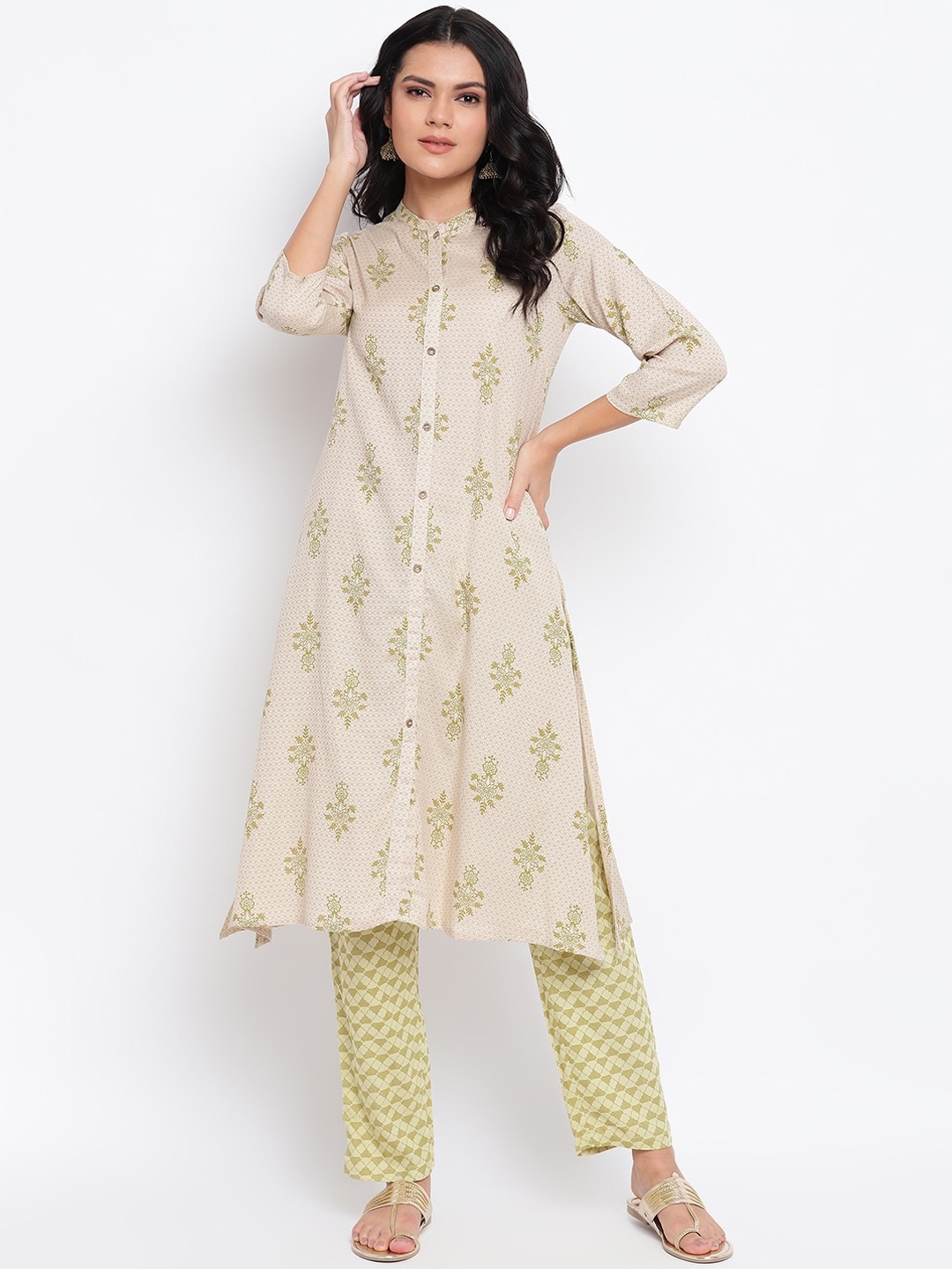 

IMARA Women Off White Ethnic Motifs Printed Panelled Liva Kurta with Trousers