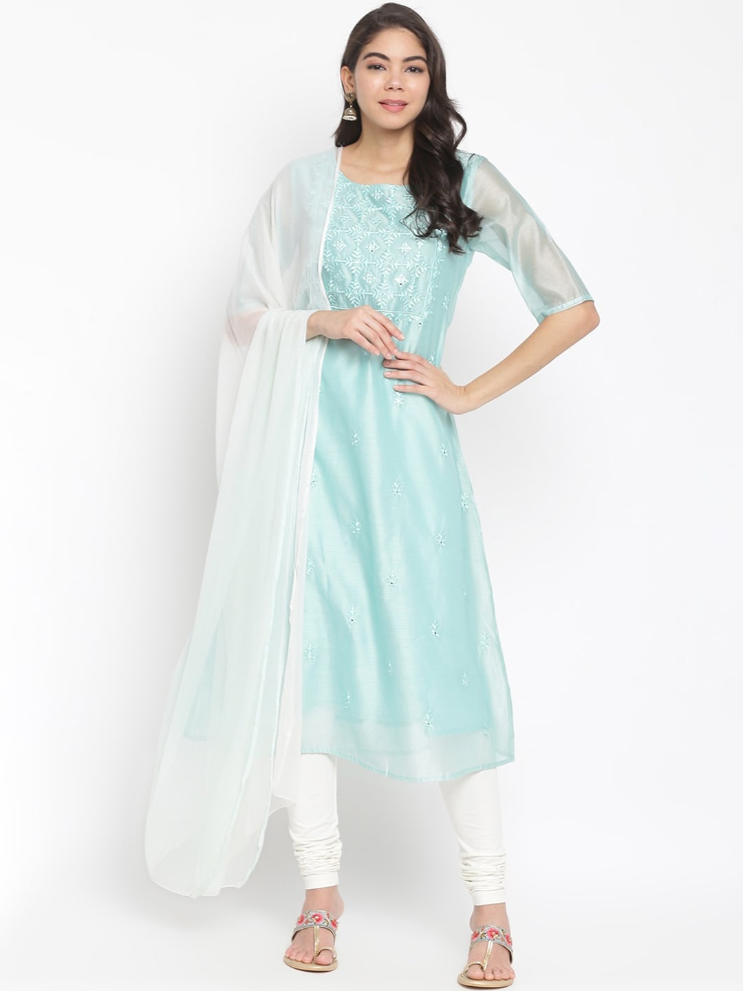 

IMARA Women Turquoise Blue Ethnic Motifs Yoke Design Panelled Kurta with Churidar & With Dupatta