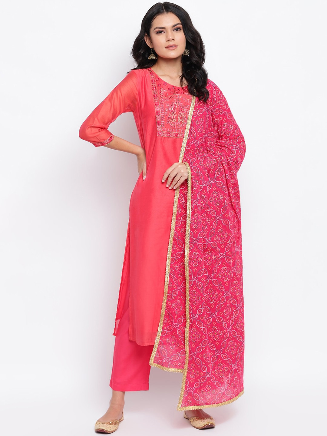 

IMARA Women Coral Panelled Kurta with Palazzos & With Dupatta