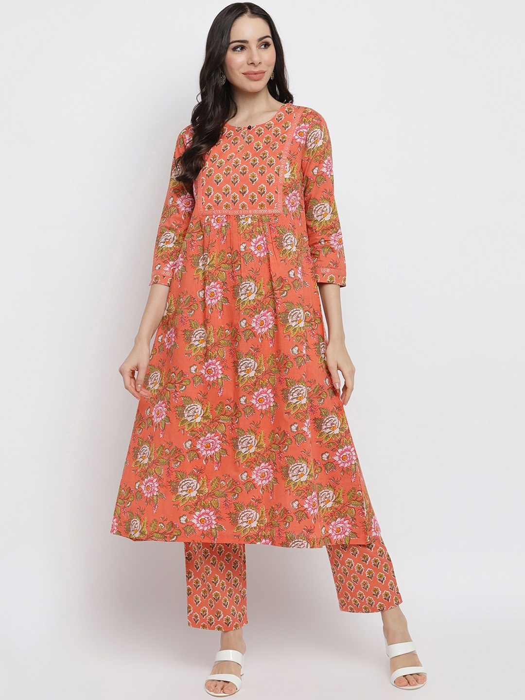 

IMARA Women Coral Floral Printed Pleated Pure Cotton Kurti with Trousers