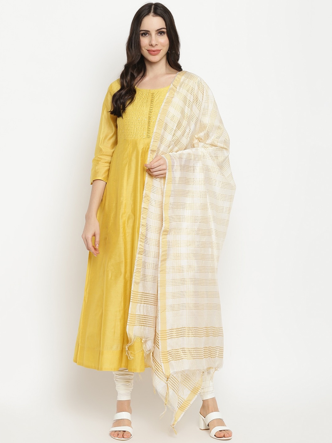 

IMARA Women Yellow Panelled Kurti with Trousers & With Dupatta